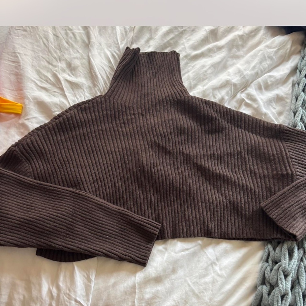 Mimosa Cropped Ribbed Turtleneck Sweater - Brown